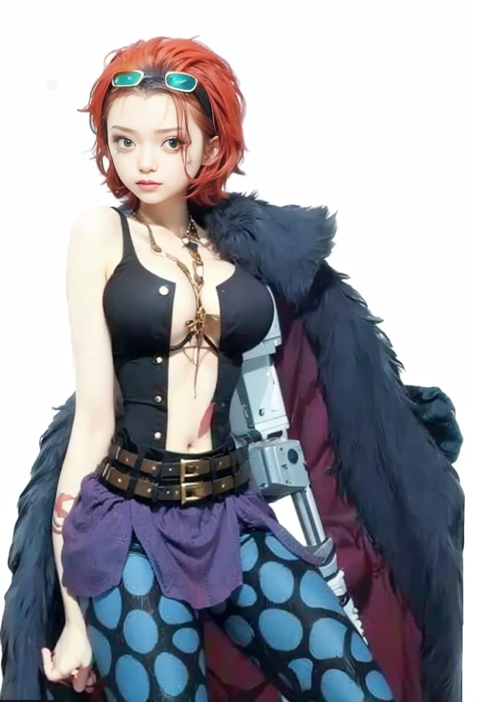 1girl, female eustass kid in anime one piece, short hair , red hair, brown eyes, scars on eyes, beautiful,straw hat , black clothes ,fur jacket ,robotic hand  city background, ultra detail, realistic