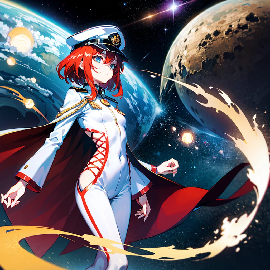 （（（​masterpiece）））、（（（Top image quality）））、（（（top-quality）））、（Illustration of one woman）、30-years old、（Viceroy）、（（Red-haired shorthair））、（Thin hair hanging down both sides of the face）、Blue eyes、（（Tall））、（（Muscle Woman、stocky build、muscular legs、broad shoulders、solid chest））、（（Military uniforms））、（（Military Cap））、（（Military coat））、（white  clothes）、（White pants）、（White cap）、trench coat、（（Inside the bridge of the space battleship））、（Outside the window、kosmos、Earth seen from space、Spaceport）