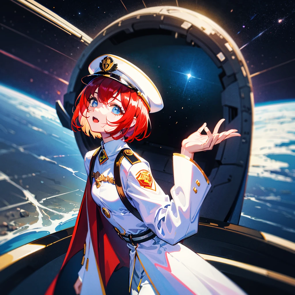 （（（​masterpiece）））、（（（Top image quality）））、（（（top-quality）））、（Illustration of one woman）、30-years old、（Viceroy）、（（Red-haired shorthair））、（Thin hair hanging down both sides of the face）、Blue eyes、（（Tall））、（（Muscle Woman、stocky build、muscular legs、broad shoulders、solid chest））、（（Military uniforms））、（（Military Cap））、（（Military coat））、（white  clothes）、（White pants）、（White cap）、trench coat、（（Inside the bridge of the space battleship））、（Outside the window、kosmos、Earth seen from space、Spaceport）