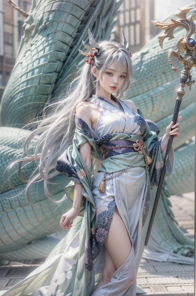 (Photoreal Stick:1.4, masutepiece:1..3, 8K), top-quality, ​masterpiece, 超A high resolution, Perfect dynamic composition, Professional camera work, Grow Light Effect, Mystical portrait, Cinematic Light, Highly detailed skin and facial texture:1.3, The ultra-detailliert, A detailed eye, (riding a silver dragon, carry a long noble staff), (myterious:1.3, Fanciful:1.2, tradition:1.2, legends:1.2, myth:1.2, majestueux:1.2), 1girl in, 25-years old, cute and sexy slim goddess, Fair skin, (A slight smil:0.9, Totally captivates you:1.0), (japanese kimono:1.3), (voluptuous breasts:0.9), (back shot beautiful blue eyes, Eyes that feel beautiful eros:0.85), Sexy face:0.4, (A mouthfeel that feels beautiful eros:0.85), ((Too cute beauty:0.9)), Fantastic background, Eliminate unnecessary hands
