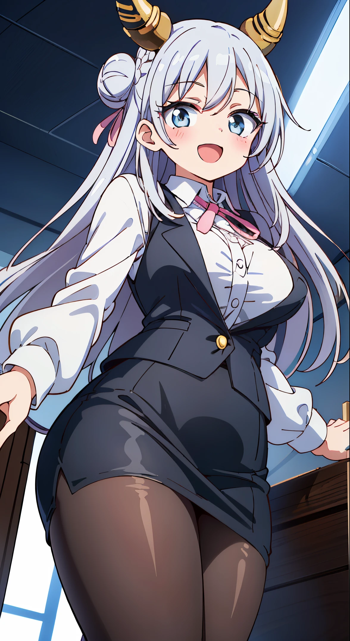 1girl, solo, Fujido Oriko, giantess, black pantyhose, blue eyes blue skirt, blunt bangs, breasts, cowboy shot, drill hair, fang, large breasts, long hair, looking at viewer, looking back, open mouth, pantyhose, pleated skirt, purple hair, shirt, short sleeves, skirt, kung fu pose, white hair, white shirt, standing, giant among buildings, taller than a skyscraper, Masterpiece, Best quality,