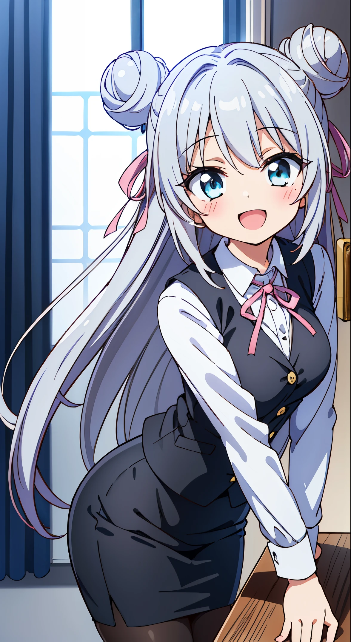 (masutepiece, Best Quality, Perfect Anatomy, High quality:1.4), nice hand, Perfect hands, Detailed beautiful hands, Large_filesize, fulcolor, hight resolution, symmetric, exceptional, Best aesthetic, newest, Anime, very beautiful detailed body,The hair,faces,The eye,BREAK,



(masutepiece, Best Quality, Perfect Anatomy, High quality:1.4), nice hand, Perfect hands, Detailed beautiful hands, Large_filesize, fulcolor, hight resolution, symmetric, exceptional, Best aesthetic, newest, Anime, very beautiful detailed body,The hair,faces,The eye,BREAK, 1 beautiful girl, 1girl in, (Cute:1.5),(Cool:0.8), (Beauty:1.5),(Chibi:0.5), (17 years old girl), (girl, Older sister, Unclear, Beautiful face of Japan:1.2) BREAK, (A detailed eye,Tsuriformes:1.2),(Silver hair,Long hair in a bun,ox’s horn,Deco:1.8), Star eyes silhouette thick eyelashes, Double eyelids:1.2), cleavage,Swaying udder, Clear skin, Beautiful skin, Shy, Erect ,Clear skin, Beautiful skin, Shy, gleaming skin,(best quality face),(Top quality glowing eyes),(The best smile,:D:1.45)

【pronpt】
＜Quality Improvement Prompt＞
＜Character appearance、Background and other prompts REAK (white and gray theme:1.3), (wearing in [[white and gray check pattern]] Vest worn over white collared long-sleeved shirt:1.4), (gray vest with buttons:1.2),
BREAK (Pink Theme:1.2), (pink ribbon bow:1.3),
BREAK (Black theme:1.4), (Tight black pencil skirt:1.5), (pantyhose:1.3), (high-heels:1.1),

BREAK ,(Office, desk work, whiteboard, sofa, buildings from window,Makuhoku Computer,
(upward looking gaze :1.2) ,
Looking Up ,
From  above ,depth of fields,

 BREAK,wakame,wakame,wakame,(Cowboy Shot:1.4), 

BREAK,(Blurry background:1.3),(absurderes, hight resolution, Super Detail Art),cel shading,Clear Color, Lonely optical effect, Beautiful pictures, Bright glow, mystic atmosphere,(Close-up of girl:1.1), Mystical light particle effect,manga influence, clean line drawings,