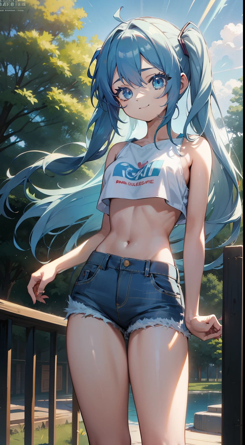 (masterpiece), (best quality), (4k resolution), (anatomy; perfect), character Hatsune Miku, 1 adult girl, light skin, blue eyes, (big blue hair), (locks, bangs), tied hair two sides, (hair lighting effects), eyebrow, nose, ear, tight mouth, smile, short blouse, short denim shorts, tight tights, (big chest), (perfect belly), (perfect waist), thick legs thick thighs, standing, backdrop, in the park, beautiful day, lighting, looking at viewer