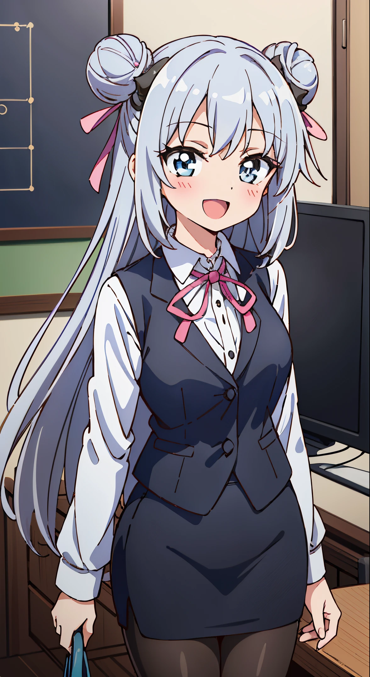 (masutepiece, Best Quality, Perfect Anatomy, High quality:1.4), nice hand, Perfect hands, Detailed beautiful hands, Large_filesize, fulcolor, hight resolution, symmetric, exceptional, Best aesthetic, newest, Anime, very beautiful detailed body,The hair,faces,The eye,BREAK,



(masutepiece, Best Quality, Perfect Anatomy, High quality:1.4), nice hand, Perfect hands, Detailed beautiful hands, Large_filesize, fulcolor, hight resolution, symmetric, exceptional, Best aesthetic, newest, Anime, very beautiful detailed body,The hair,faces,The eye,BREAK, 1 beautiful girl, 1girl in, (Cute:1.5),(Cool:0.8), (Beauty:1.5),(Chibi:0.5), ( girl), (girl, Older sister, Unclear, Beautiful face of Japan:1.2) BREAK, (A detailed eye,Tsuriformes:1.2),(Silver hair,Long hair in a bun,ox’s horn,Deco:1.8), Star eyes silhouette thick eyelashes, Double eyelids:1.2), cleavage,Swaying udder, Clear skin, Beautiful skin, Shy, Erect ,Clear skin, Beautiful skin, Shy, gleaming skin,(best quality face),(Top quality glowing eyes),(The best smile,:D:1.45)

【pronpt】
＜Quality Improvement Prompt＞
＜Character appearance、Background and other prompts REAK (white and gray theme:1.3), (wearing in [[white and gray check pattern]] Vest worn over white collared long-sleeved shirt:1.4), (gray vest with buttons:1.2),
BREAK (Pink Theme:1.2), (pink ribbon bow:1.3),
BREAK (Black theme:1.4), (Tight black pencil skirt:1.5), (pantyhose:1.3), (high-heels:1.1),

BREAK ,(Office, desk work, whiteboard, sofa, buildings from window,Makuhoku Computer,
(upward looking gaze :1.2) ,
Looking Up ,
From  above ,depth of fields,

 BREAK,wakame,wakame,wakame,(Cowboy Shot:1.4), 

BREAK,(Blurry background:1.3),(absurderes, hight resolution, Super Detail Art),cel shading,Clear Color, Lonely optical effect, Beautiful pictures, Bright glow, mystic atmosphere,(Close-up of girl:1.1), Mystical light particle effect,manga influence, clean line drawings,