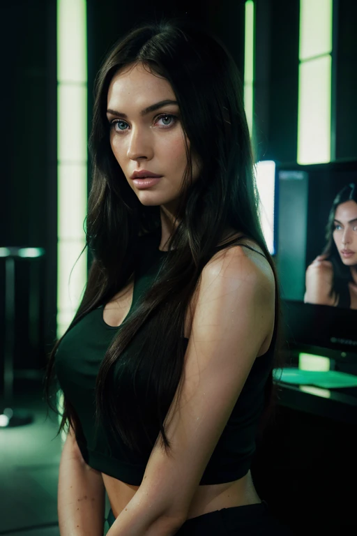 a woman with long black hair and green eyes in the club, with green eyes, with stunning green eyes, keine Falten, Modelgesicht wie Megan Fox, Ultrarealistische digitale Malerei, Hyperrealistische digitale Malerei, Ultrarealistische digitale Kunst, Hyperrealistische digitale Malerei, Ultrarealistische digitale Kunst, with deep green eyes, Ultrarealistische digitale Kunst, with green eyes, Genau, ultrarealistische Gesichter, Realistische digitale Malerei, mit schwarzbraunen Haaren, definierte Gesichtsturktur, texturierte Haut, spitzes Kinn, hohe Wangenknochen, feine Nase, Clubszene