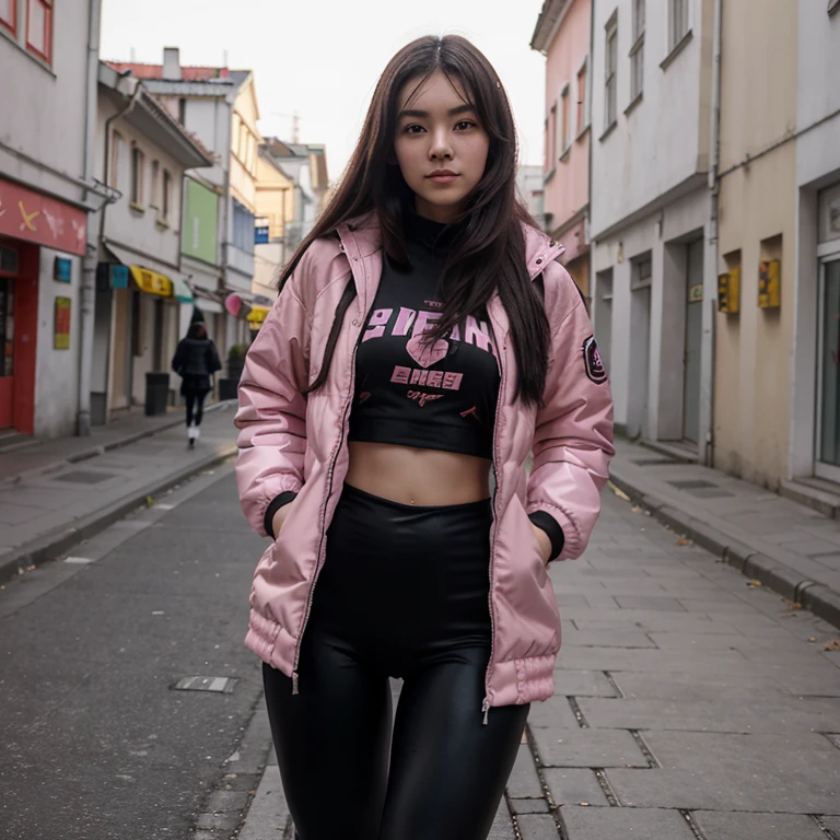 21-year-old, Chinese gamer girl, cute, big chest, fit body, super realistic picture, pink winter jacket, black leggings , walking in Nitra city Slovakia