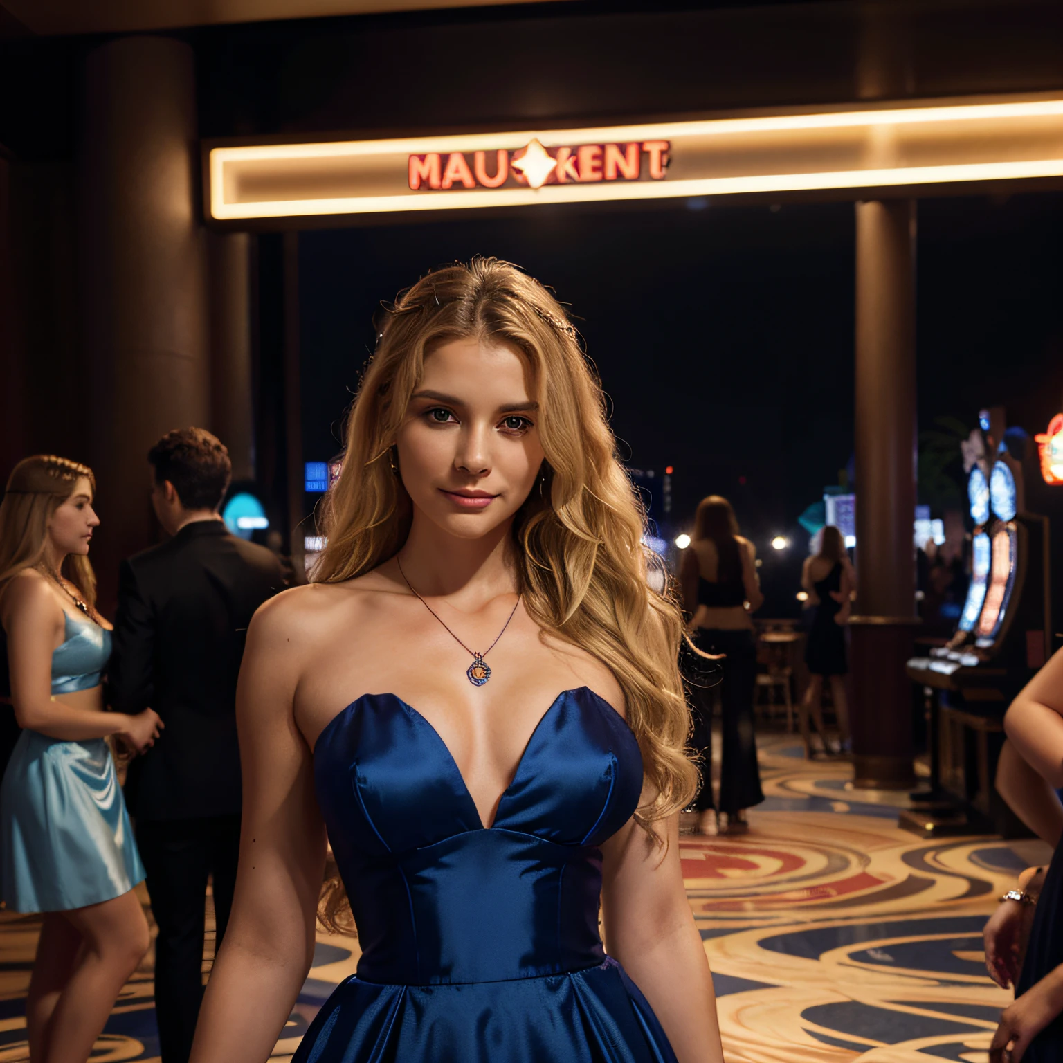 Long wavy blonde, Aria, Outside a bustling, brightly lit casino, with the excitement of New Year's Eve in the air, A stunning, sequin-covered dress that sparkles under the casino lights, The dress is a bold blue color, knee-length, and perfectly tailored to her figure, Complementing the dress with high-heeled, silver shoe, statement necklace