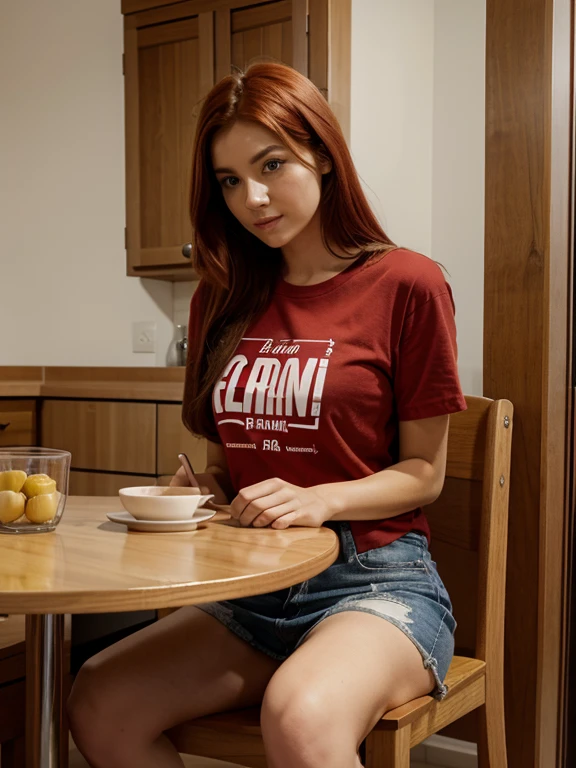 full body , red hair girl, good looking, with comfy style t shirt, best quality, detailed, 4k, realistic, Nikon, masterpiece, sit , table, lunch, modern apartment , London