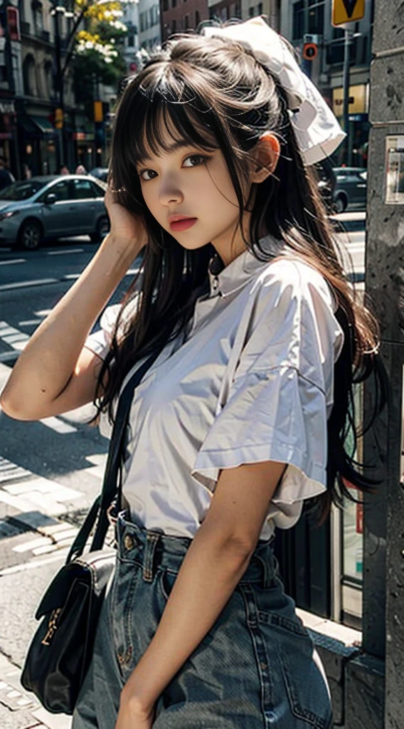 best qualtiy，tmasterpiece，Ultra-high resolution，（realisticlying：1.4），RAW photogr，（Evening street），1个Giant Breast Girl，With sunglasses，黑The eye，long whitr hair，Light makeup，cparted lips，tiny ears，whitet-shirt，denim short，Beautiful Women with Perfect Figure:1.4, （exteriors，beachside：1.1），Ultra-fine face，Fine eyes，double eyelid