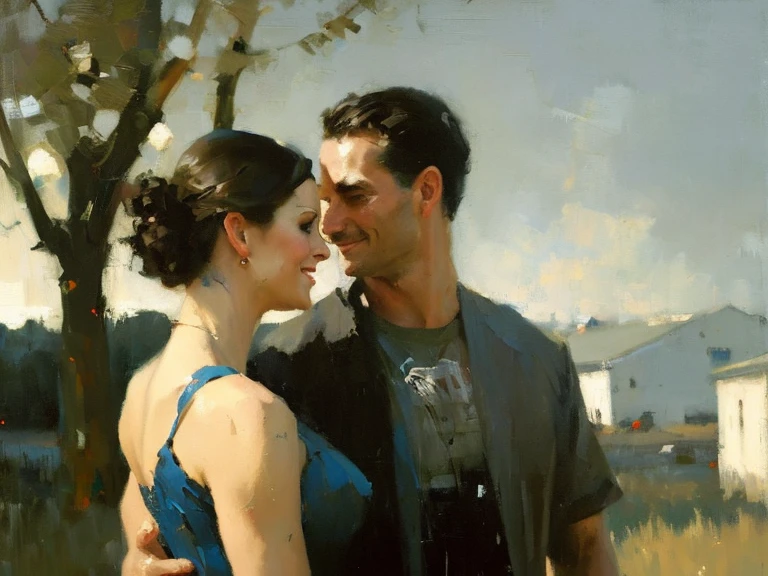 oil illustration by artist (Jeremy Mann:0.8) and Edwin Georgi, man (smirk:1.2) and (1girl) facing each other, t-shirt, dress, erotic tension, danger, fence, dusk country field americana, (cinematic composition, distant, low angle), highly detailed, masterpiece, high quality, intricate, professional, award-winning, highest quality, polished