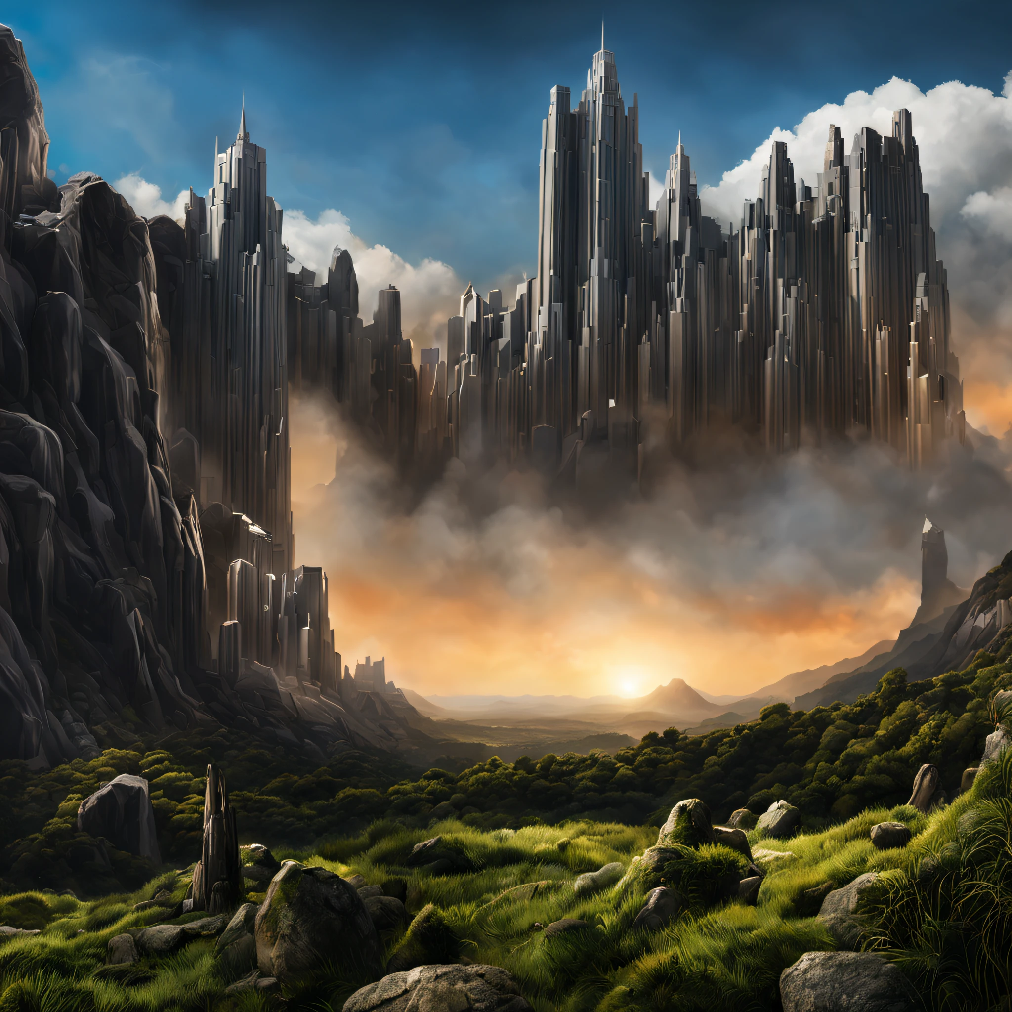 create a digital matte painting of a giant rocky forest for a sci-fi movie setting with giant skyscrapers next to temples and giant stone sculptures embedded in the tall forest rocks ,in the sky of this illustration, um astronauta masculino com uniforme branco caminha perto do solo, em frente a uma gigantesca escadaria de um templo, Detailed and realistic close-up of a field full of red flower buds in the background of the scene, add on the green grass ground next to a path next to the green grass towards the large metropolis situated in the background of the scene against the background of a blue sky with white 3D clouds, ultra realism in the matte painting cinematography of the illustration based on the matte painting art of artist Albert Whitlock