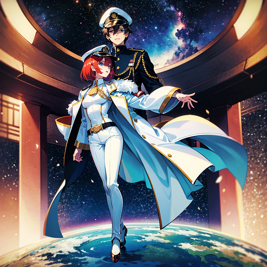 （（（​masterpiece）））、（（（Top image quality）））、（（（top-quality）））、（Illustration of one woman）、30-years old、（Viceroy）、（（Red-haired shorthair））、（Thin hair hanging down both sides of the face）、Blue eyes、（（Tall））、（（Muscle Woman、stocky build、muscular legs、broad shoulders、solid chest））、（（Military uniforms））、（（Military Cap））、（（Military coat））、（white  clothes）、（White pants）、（White cap）、trench coat、（（Inside the bridge of the space battleship））、（Outside the window、kosmos、Earth seen from space、Spaceport）