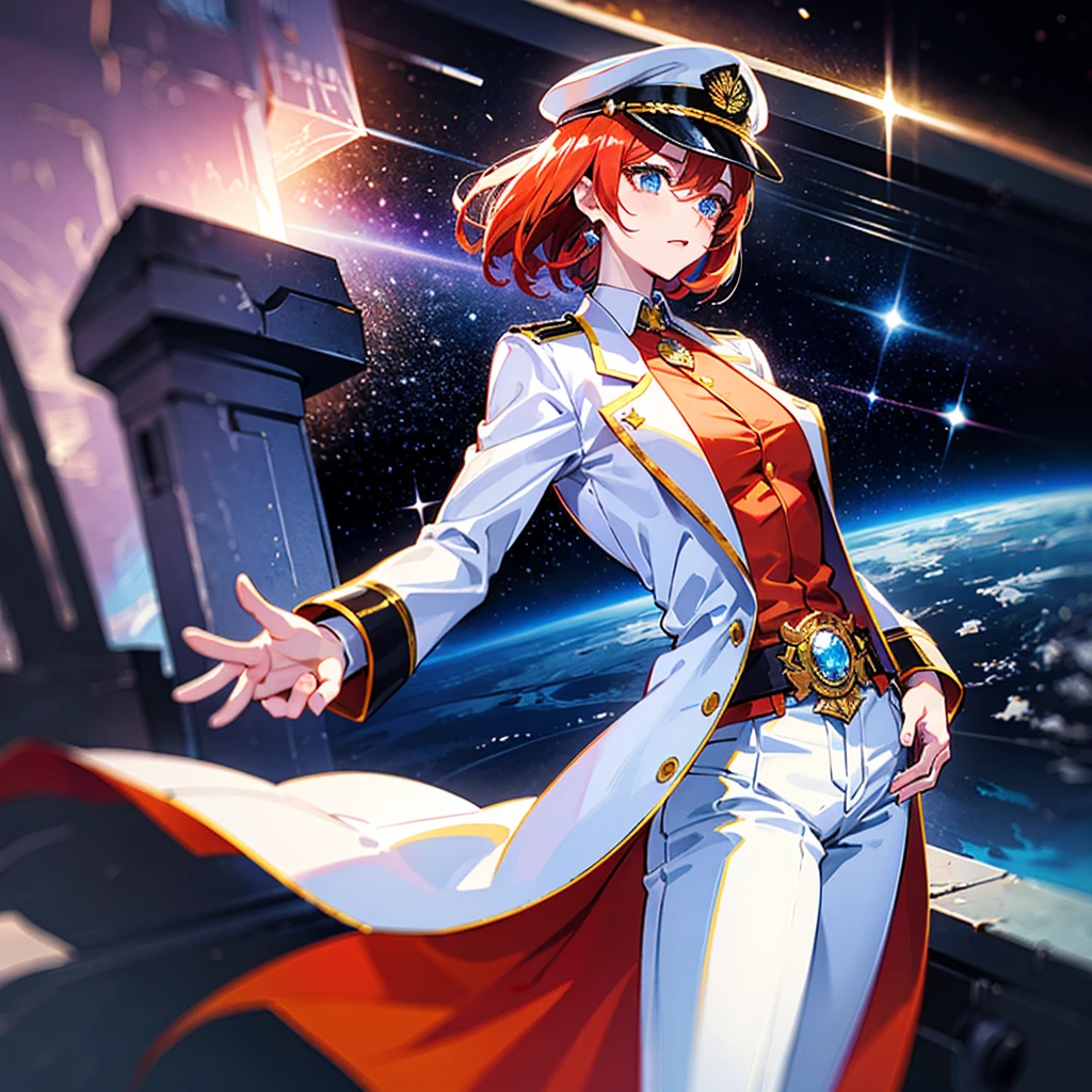 (((masterpiece)))、(((Top image quality)))、(((top-quality)))、(Illustration of one woman)、30-years old、(Viceroy)、((Red-haired shorthair))、(Thin hair hanging down both sides of the face)、Blue eyes、((Tall))、((Muscle Woman、stocky build、muscular legs、broad shoulders、solid chest))、((Military uniforms))、((Military Cap))、((Military coat))、(white clothes)、(White pants)、(White cap)、trench coat、((Inside the bridge of the space battleship))、(Outside the window、kosmos、Earth seen from space、Spaceport)