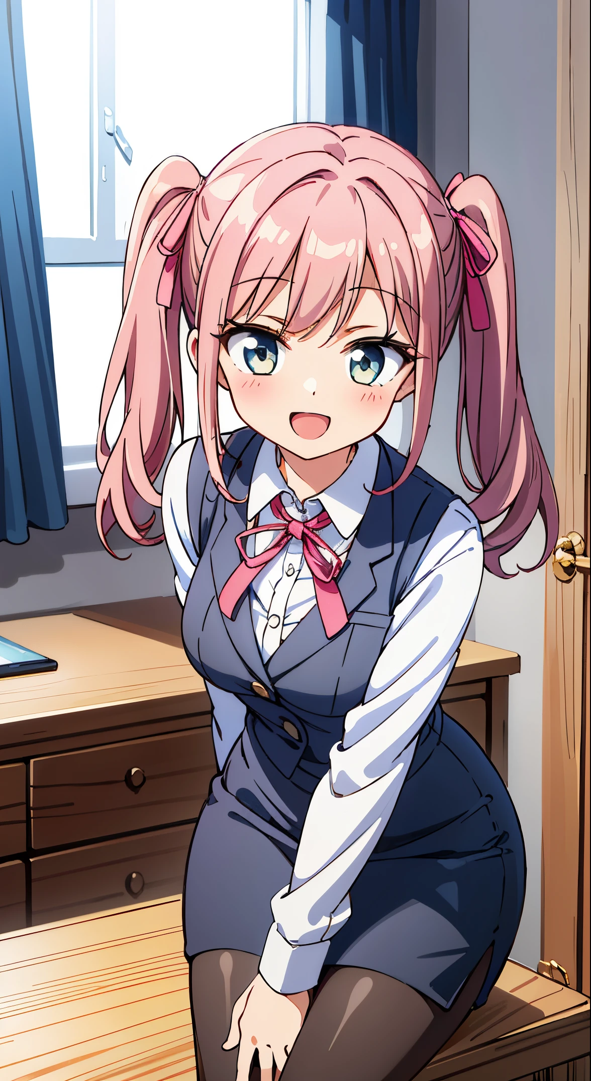 (masutepiece, Best Quality, Perfect Anatomy, High quality:1.4), absurderes, absolutely resolution, unbelievable Ridiculous, hight resolution, ultra-detailliert, Official art, Unity 8k壁纸, Kinetic typography,nice hand, Perfect hands, Detailed beautiful hands, Large_filesize, fulcolor, hight resolution, symmetric, exceptional, Best aesthetic, newest, Anime, very beautiful detailed body,The hair,faces,The eye, BREAK, 1 beautiful girl, Solo,(Cute:1.5),(Chibi:0.8), (kawaii:1.5),(Lori:0.5), BREAK, (girl, Cute, Cheerful,  face, medium breasts:1.2),(Pink hair,disheveled short twin tails,tareme,Gold eyes:1.2),gleaming skin,Clear skin, cleavage of the breast,Beautiful , gleaming skin,Clear skin, Beautiful skin,( A smile:1.5),(best quality face),(Top quality glowing eyes), (The best smile,Doya face:1.45),

BREAK,(white and gray theme:1.3), (wearing in [[white and gray check pattern]] Vest worn over white collared long-sleeved shirt:1.4), (gray vest with buttons:1.2),
BREAK (Pink Theme:1.2), (pink ribbon bow:1.3),
BREAK (Black theme:1.4), (Tight black pencil skirt:1.5), (pantyhose:1.3), (high-heels:1.1),


BREAK ,(Office, desk work, whiteboard, sofa, buildings from window,Makuhoku Computer,
(upward looking gaze :1.2) ,
Looking Up ,
From  above ,depth of fields,

 BREAK,wakame,wakame,wakame,(Cowboy Shot:1.4), 

BREAK,(Blurry background:1.3),(absurderes, hight resolution, Super Detail Art),cel shading,Clear Color, Lonely optical effect, Beautiful pictures, Bright glow, mystic atmosphere,(Close-up of girl:1.1), Mystical light particle effect,manga influence, clean line drawings,