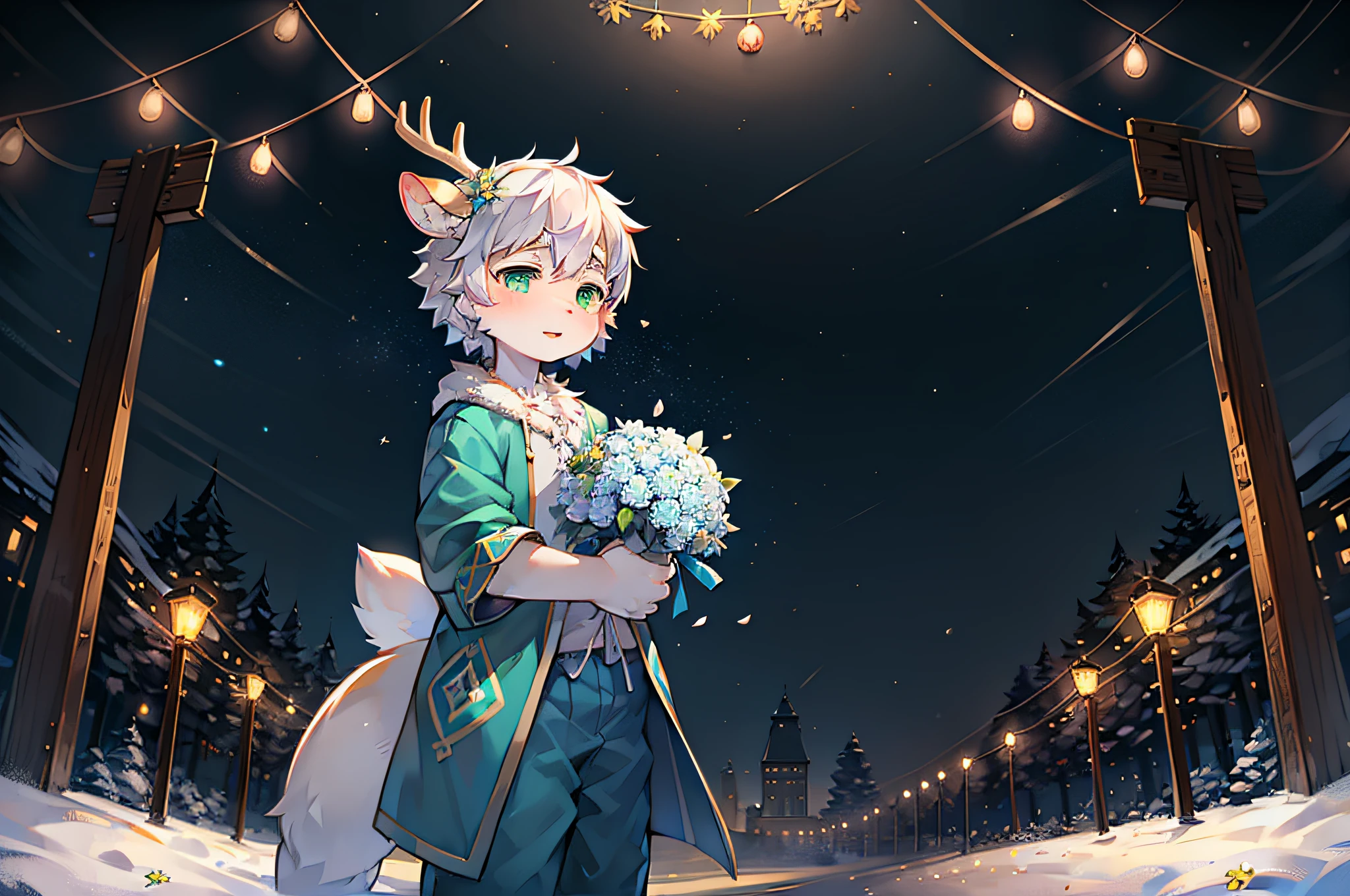 A white deer,Wearing blue pajamas,light green decoration,Green-eyed,deer antlers,wear a flower on your head,Holding a big bouquet of blue flowers,natta,falling flower petals,Peach blossom tree,Oyuki,blanketed in a mantle of snow,shota,lovely boy,white color hair,natta,starrysky,stars shining bright,which stands on the street,Shining starry sky,the street lights,lanterns,Crystal pupils,Christmas tree,lamplight,looking at viewert,touched,holding bouquet of flowers,Warm starlight,falling flower petals