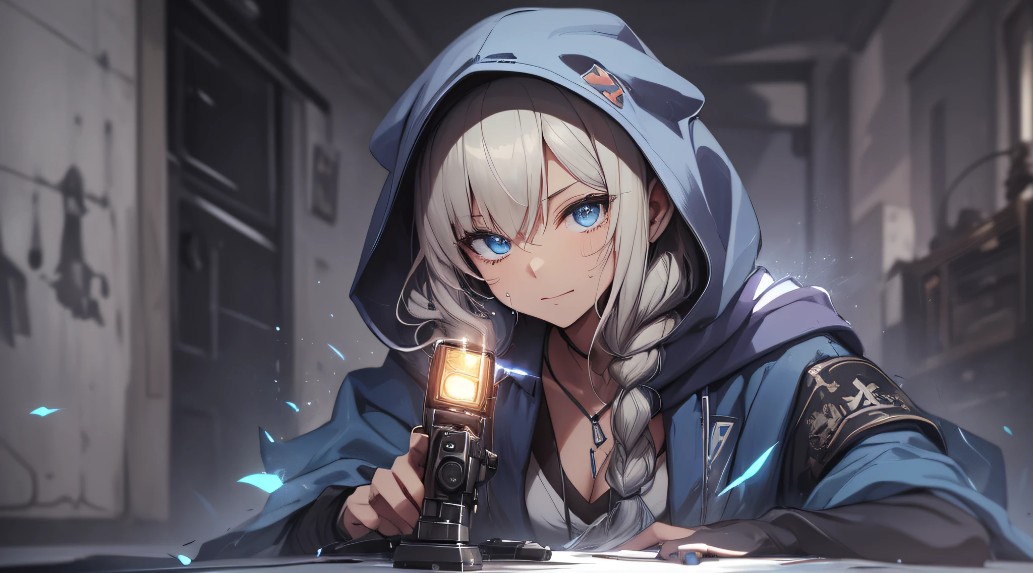 top-quality、Top image quality、masterpiece、s girl((Black underwear、White hoodie with open chest、Black skirt、18year old、 Ager、Best Bust、big bast,Beautiful light blue eyes, Long Blonde Hair、A slender,Large valleys、Reflecting the whole body、Leaning forward、Hold Sword、Wearing a hood、A slight smil、tension、、Sweating、take a cautious stance、Cuts on the face、I have a stun gun、golden lion tattoo on face、Lying on the floor)),hiquality、Beautiful Art、Background with((snow blowing、Ruins、survival、draw graffiti on the wall、natta))masterpiece、depth of fields,