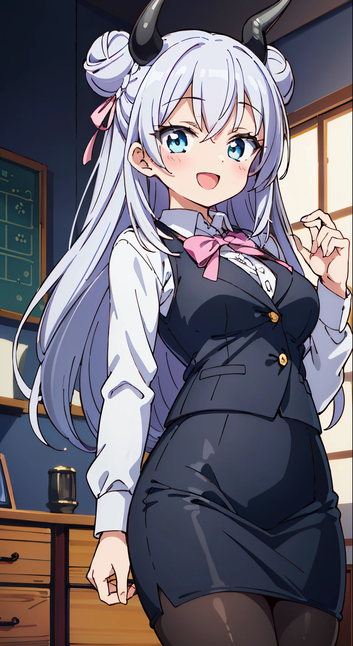 Anime girl with long white hair and blue eyes in a room - SeaArt AI