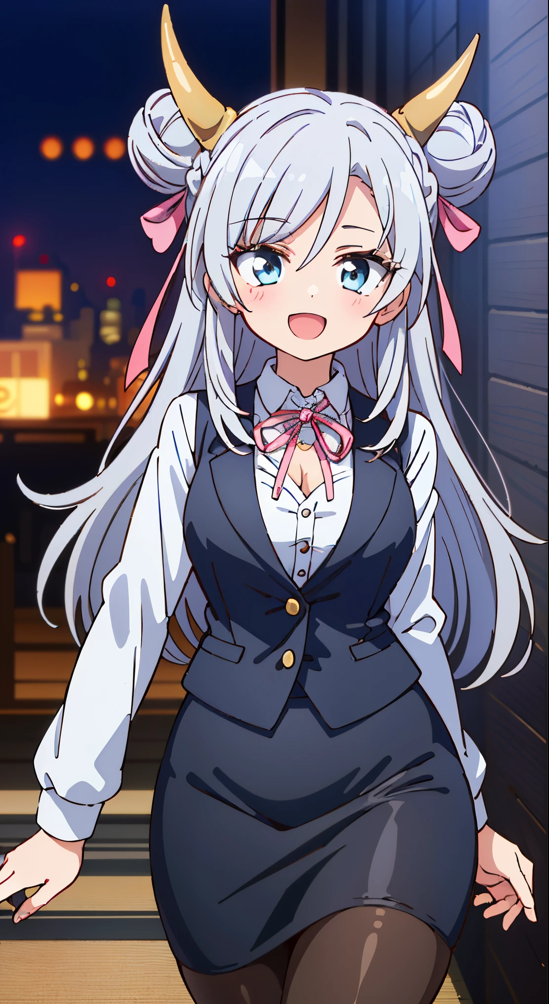 (masutepiece, Best Quality, Perfect Anatomy, High quality:1.4), nice hand, Perfect hands, Detailed beautiful hands, Large_filesize, fulcolor, hight resolution, symmetric, exceptional, Best aesthetic, newest, Anime, very beautiful detailed body,The hair,faces,The eye,BREAK,



(masutepiece, Best Quality, Perfect Anatomy, High quality:1.4), nice hand, Perfect hands, Detailed beautiful hands, Large_filesize, fulcolor, hight resolution, symmetric, exceptional, Best aesthetic, newest, Anime, very beautiful detailed body,The hair,faces,The eye,BREAK, 1 beautiful girl, 1girl in, (Cute:1.5),(Cool:0.8), (Beauty:1.5),(Chibi:0.5), ( girl), (girl, Older sister, Unclear, Beautiful face of Japan:1.2) BREAK, (A detailed eye,Tsuriformes:1.2),(Silver hair,Long hair in a bun,ox’s horn,Deco:1.8), Star eyes silhouette thick eyelashes, Double eyelids:1.2), cleavage,Swaying udder, Clear skin, Beautiful skin, Shy, Erect ,Clear skin, Beautiful skin, Shy, gleaming skin,(best quality face),(Top quality glowing eyes),(The best smile,:D:1.45)

【pronpt】
＜Quality Improvement Prompt＞
＜Character appearance、Background and other prompts REAK (white and gray theme:1.3), (wearing in [[white and gray check pattern]] Vest worn over white collared long-sleeved shirt:1.4), (gray vest with buttons:1.2),
BREAK (Pink Theme:1.2), (pink ribbon bow:1.3),
BREAK (Black theme:1.4), (Tight black pencil skirt:1.5), (pantyhose:1.3), (high-heels:1.1),

BREAK ,(Office, desk work, whiteboard, sofa, buildings from window,Makuhoku Computer,
(upward looking gaze :1.2) ,
Looking Up ,
From  above ,depth of fields,

 BREAK,wakame,wakame,wakame,(Cowboy Shot:1.4), 

BREAK,(Blurry background:1.3),(absurderes, hight resolution, Super Detail Art),cel shading,Clear Color, Lonely optical effect, Beautiful pictures, Bright glow, mystic atmosphere,(Close-up of girl:1.1), Mystical light particle effect,manga influence, clean line drawings,