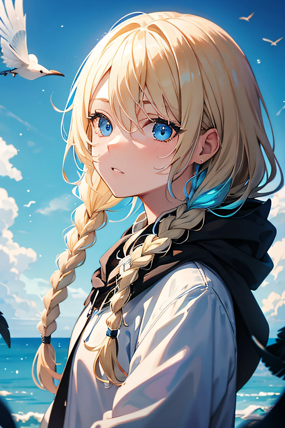blonde hair with light blue tips,Braids,Blue eyes,Black hoodie,Straight face,Black feathers,blue open sky,Water droplets,white birds,bluebird,crows
