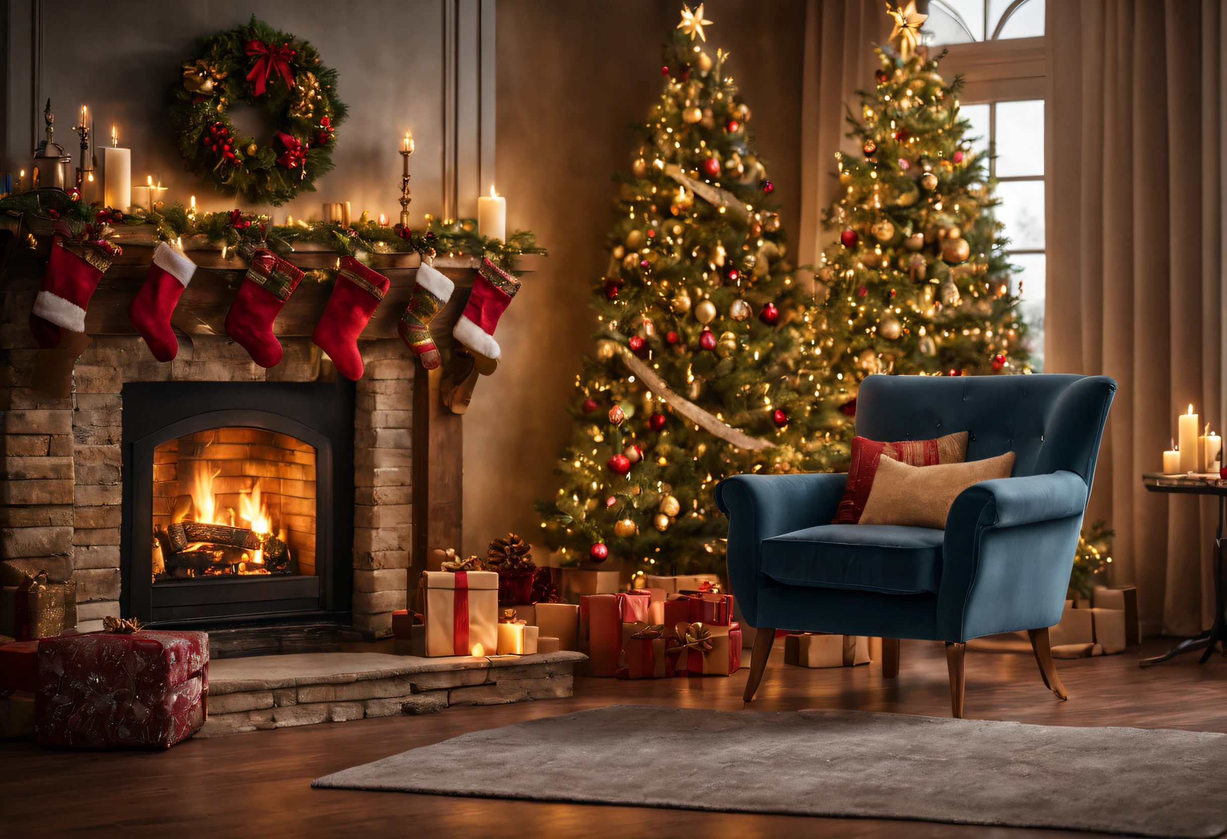 (a beautiful, majestic Christmas tree, cozy armchair and fireplace),realistic photography, ultra-detailed rendering, high resolution (8k), (realistic, photorealistic:1.37), ultra-fine details, professional studio lighting, vivid colors, warm and inviting atmosphere, bokeh