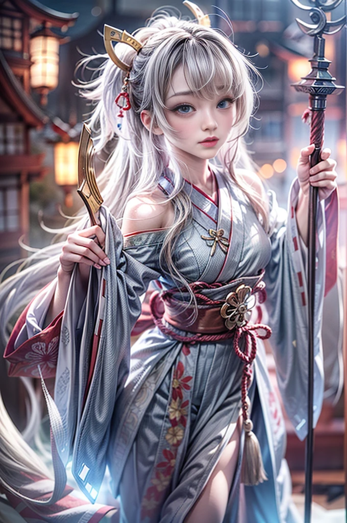 (Photoreal Stick:1.4, masutepiece:1..3, 8K), top-quality, masterpiece, 超A high resolution, Perfect dynamic composition, Professional camera work, Grow Light Effect, Mystical portrait, Cinematic Light, Highly detailed skin and facial texture:1.3, The ultra-detailliert, A detailed eye, (riding a silver dragon, carry a long noble staff), (myterious:1.3, Fanciful:1.2, tradition:1.2, legends:1.2, myth:1.2, majestueux:1.2), 1girl in, 25-years old, cute and sexy slim goddess, Fair skin, (A slight smil:0.9, Totally captivates you:1.0), (japanese miko costume:1.3), (voluptuous breasts:0.9), (back shot beautiful blue eyes, Eyes that feel beautiful eros:0.85), Sexy face:0.4, (A mouthfeel that feels beautiful eros:0.85), ((Too cute beauty:0.9)), Fantastic background, Eliminate unnecessary hands