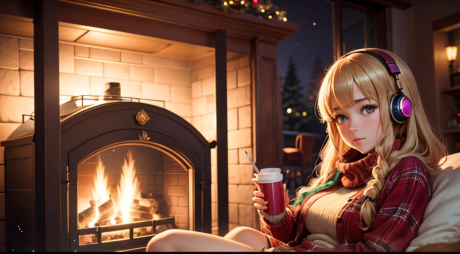 Anime girl listening to music in the wonderful New Year decoration Christmas tree and fireplace with open fire