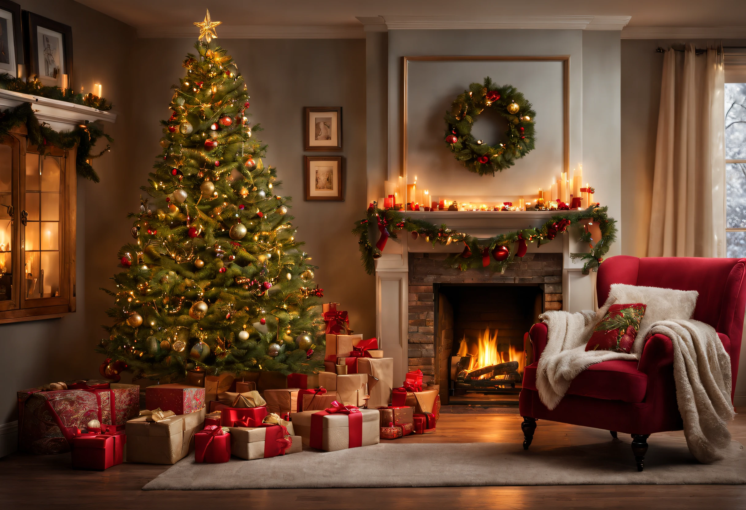 (a beautiful, majestic Christmas tree, cozy armchair and fireplace),realistic photography, ultra-detailed rendering, high resolution (8k), (realistic, photorealistic:1.37), ultra-fine details, professional studio lighting, vivid colors, warm and inviting atmosphere, bokeh