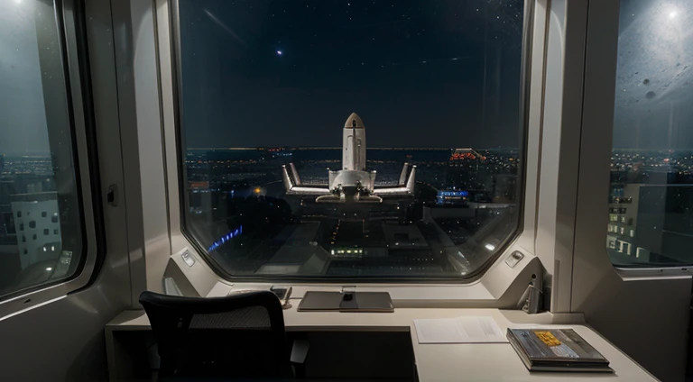 View from a window in the office, Hintergrund ist ein riesiges Universum bei Nacht ein Space Shuttle dass zum mond fliegt