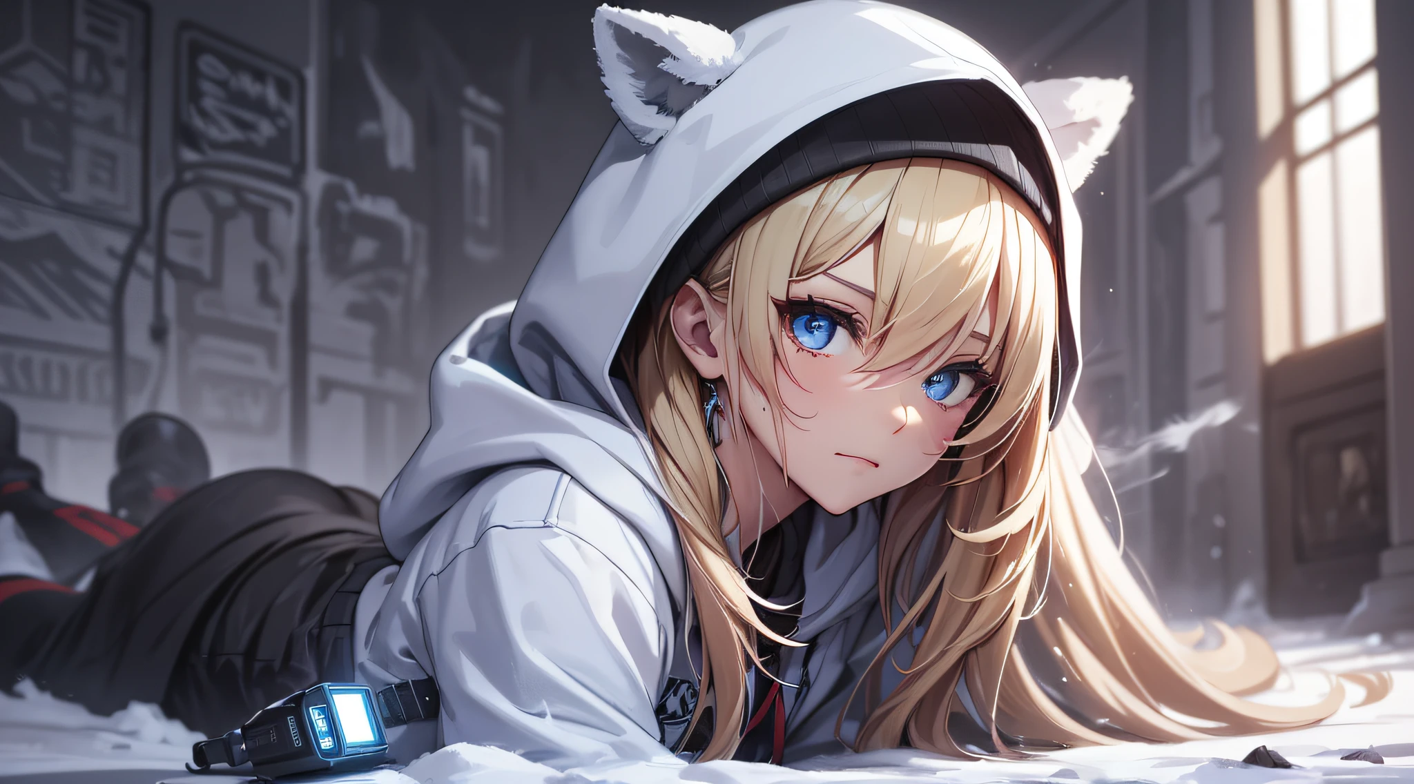 top-quality、Top image quality、​masterpiece、teens girl((Black underwear、White hoodie with open chest、Black skirt、18year old、 Ager、Best Bust、big bast,Beautiful light blue eyes, Long Blonde Hair、A slender,Large valleys、Reflecting the whole body、Leaning forward、Hold Sword、Wearing a hood、Wink in left eye、tension、Sweating、take a cautious stance、I have a stun gun、golden lion tattoo on face、Lying on the floor)),hiquality、Beautiful Art、Background with((snow blowing、Ruins、survival、draw graffiti on the wall、natta))​masterpiece、depth of fields,