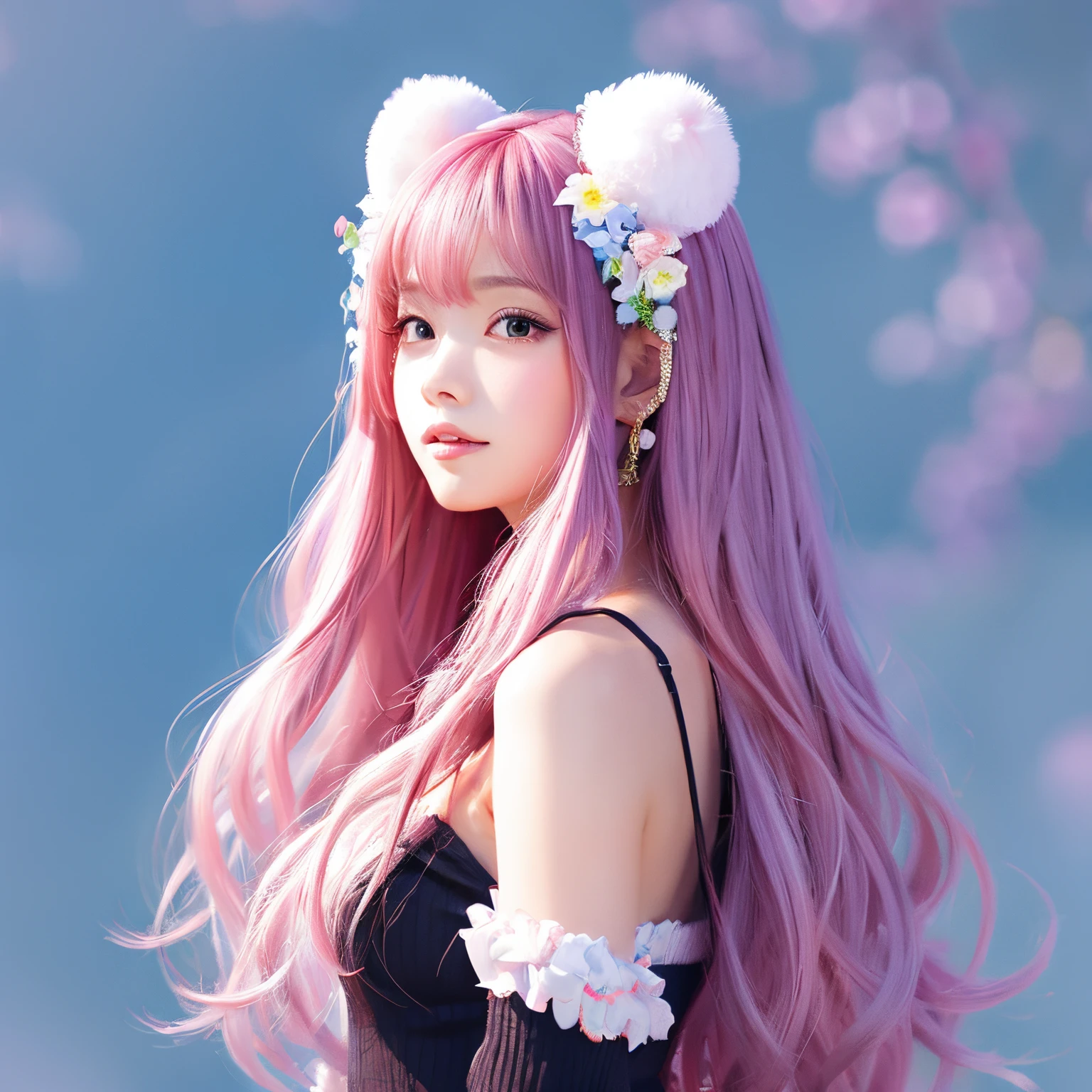 Background white pink long hair fluffy bear ears original anime illustration style girl