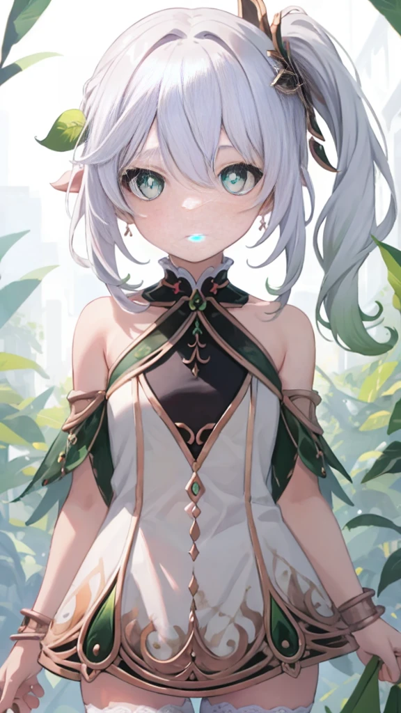 tmasterpiece，Best quality，Fine and detailed，A high resolution，Extremely Delicately Beautiful，（White hair），Close-up shot，（green eyes red face，Chopping，Off-the-shoulder attire， photore，perfect body figure，perfect body figure，White stockings，(overlooks