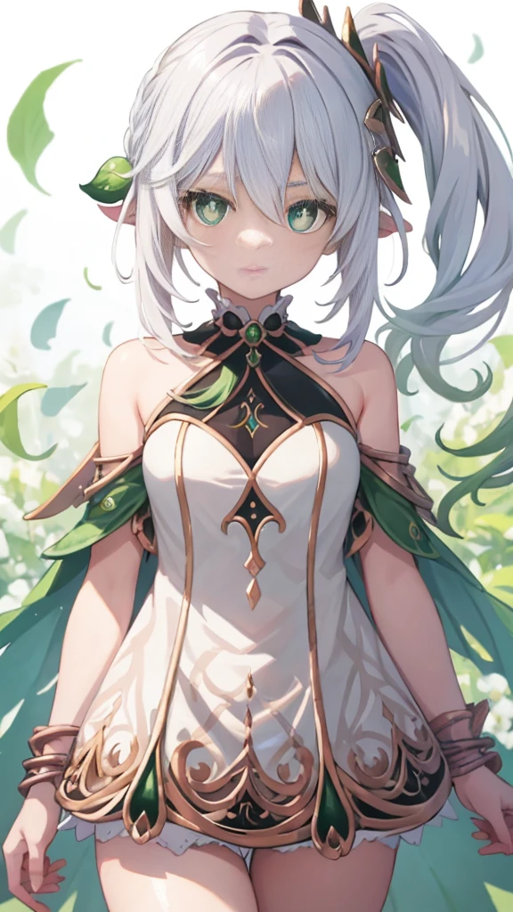 tmasterpiece,Best quality,Fine and detailed,A high resolution,Extremely Delicately Beautiful,(White hair),Close-up shot,(green eyes red face,Chopping,Off-the-shoulder attire, photore,perfect body figure,perfect body figure,White stockings,(overlooks