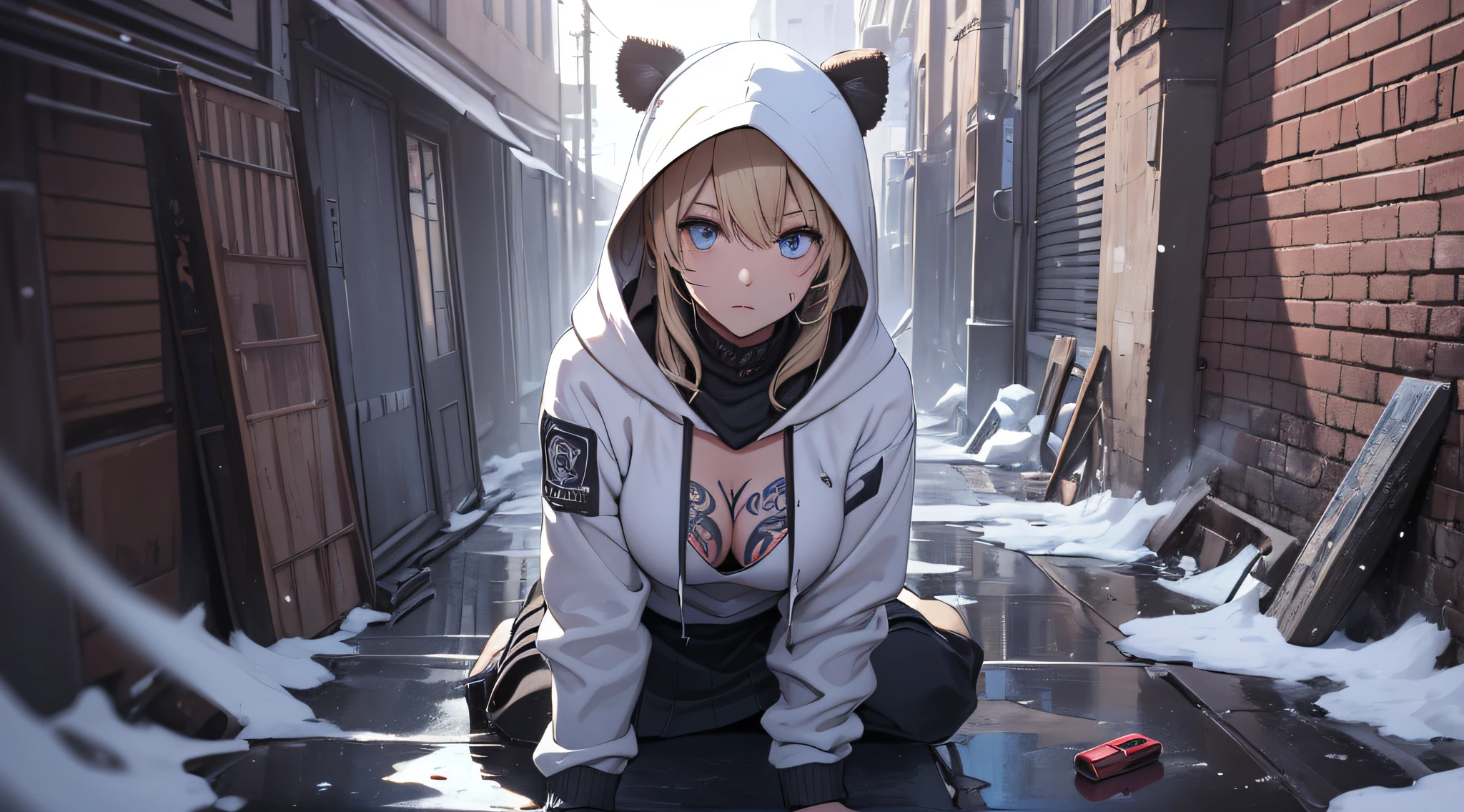 top-quality、Top image quality、​masterpiece、teens girl((Black underwear、White hoodie with open chest、Black skirt、18year old、 Ager、Best Bust、big bast,Beautiful light blue eyes, Long Blonde Hair、A slender,Large valleys、Reflecting the whole body、Leaning forward、Hold Sword、Wearing a hood、tension、Sweating、take a cautious stance、I have a stun gun、golden lion tattoo on face、Lying on the floor)),hiquality、Beautiful Art、Background with((snow blowing、Ruins、survival、draw heart doodles on the wall、natta))​masterpiece、depth of fields,