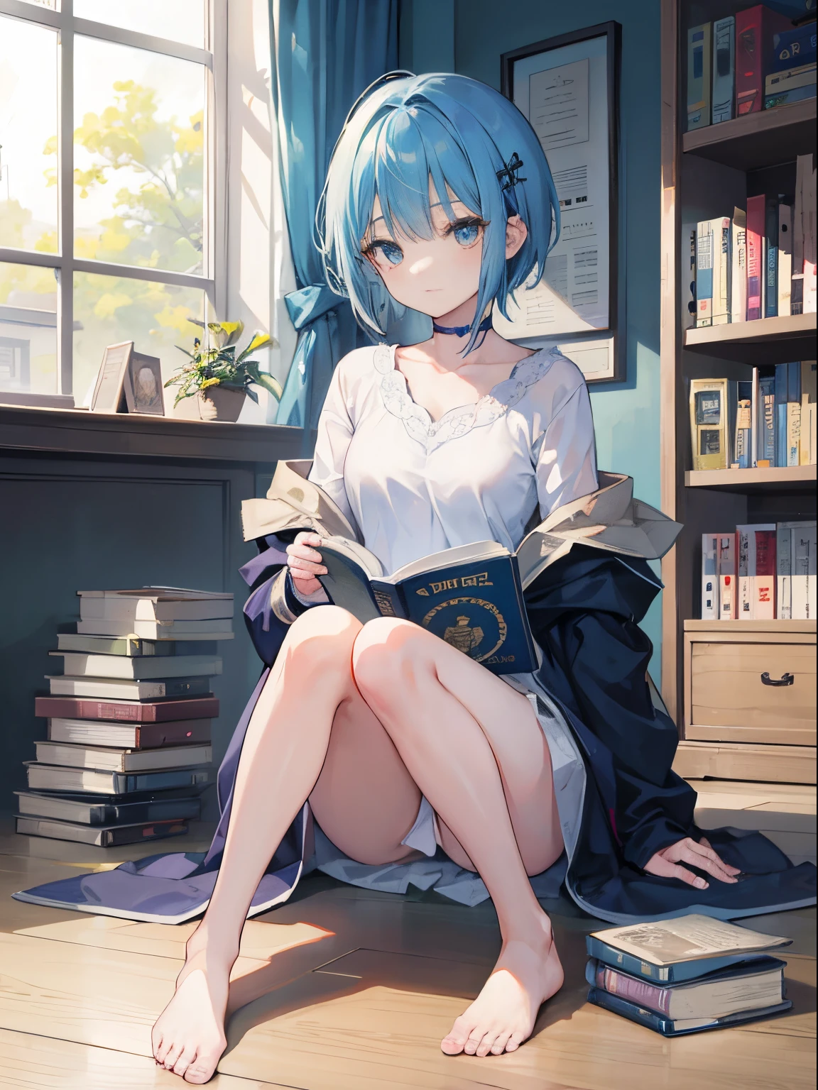 1girl in, girl,小柄,small tits,Blue hair,short-haired,straight haired,Okappa,deadpan,Sorcerer,robe,atlibrary,ultrasharp, 8K, masutepiece,Holding your knees,Physical education sitting,read a book