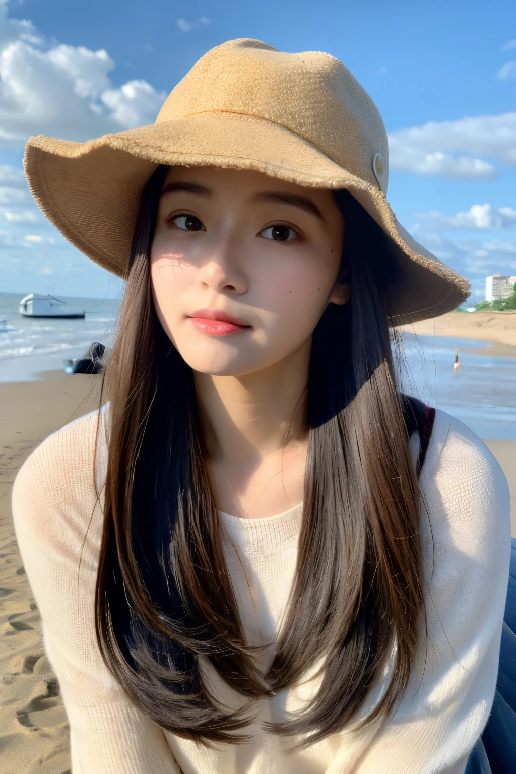 ((Best quality at best)), ((tmasterpiece)), (Detailed pubic hair), s the perfect face,Girlfriend wearing hat sitting on the beach