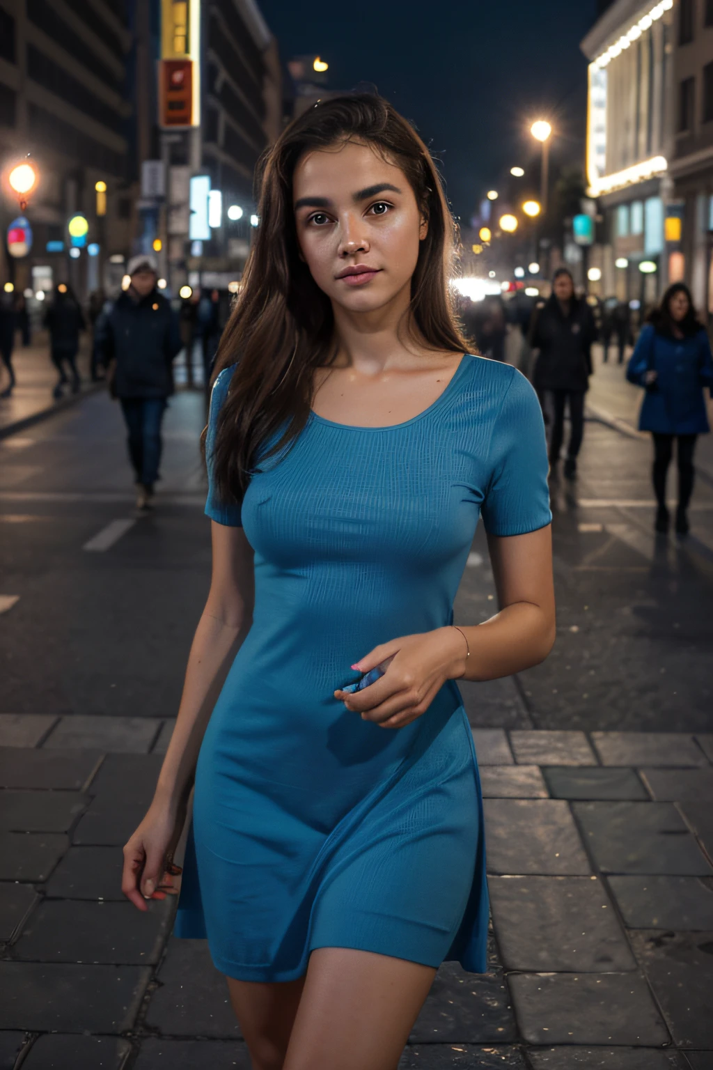 Foto RAW em sequencia, uma foto de uma adolescente 16anos, ((selfie da parte superior do corpo, feliz)), mordendo dedo, rosto detalhado, planos de fundo detalhados pouco desfocados, luzes naturais, HDR, foto realista, foto profissional, flerte com o espectador, visual sexy, fotorrealista, Linda, pele natural, 8k UHD, alta qualidade, filmic grain, Fujifilm XT3, early 30ties, realistic, clothed with blue dress, visiting Sofia Bulgaria central street, chrismas tree, no people in the background