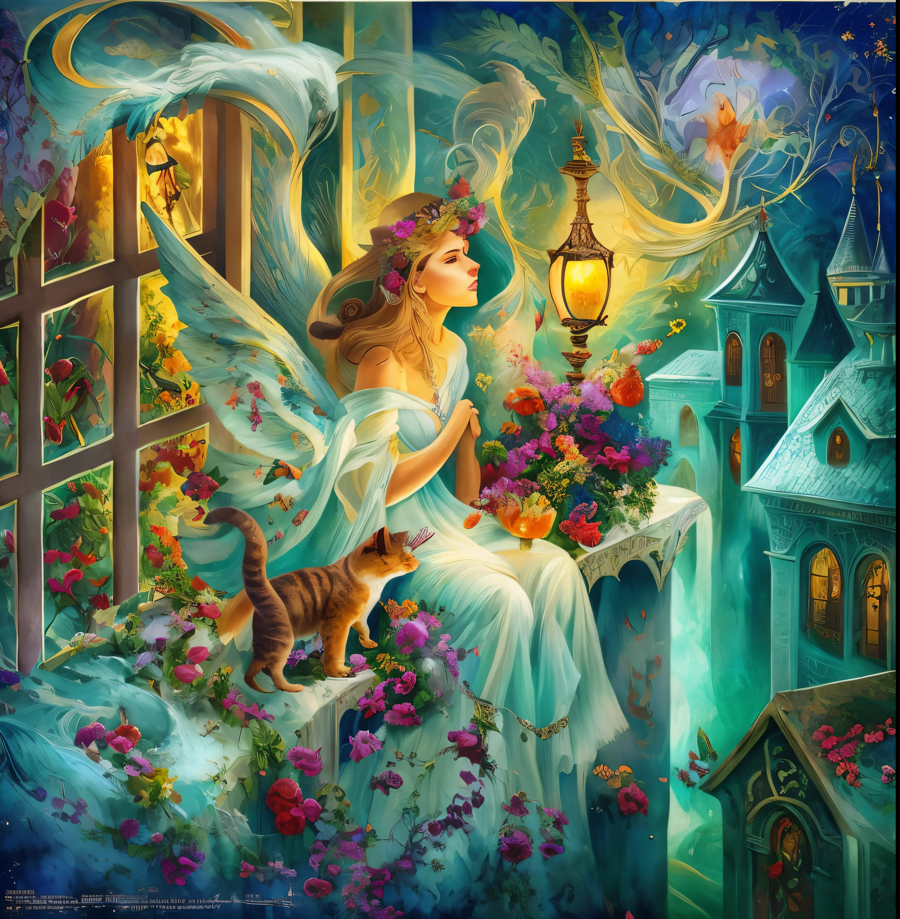 uma pintura de uma mulher sentada no parapeito de uma janela com um gato, pintura de fantasia bonita, pintura de conto de fadas, magic realism painting, breathtaking art, breathtaking fantasy art, Fantasy oil painting, arte de fantasia muito bonita, fantasia arte vitoriana, bela arte de fantasia, Directed by: Eugeniusz Zak, fantasia de cena de inverno, arte digital fantasia arte, Directed by: Nikita Veprikov, arte de conto de fadas