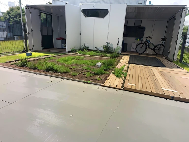 This is a 60 square meter modular container, with two independent spaces. do a 3D simulation transforming this space into a physiotherapy clinic with details in wood and plants