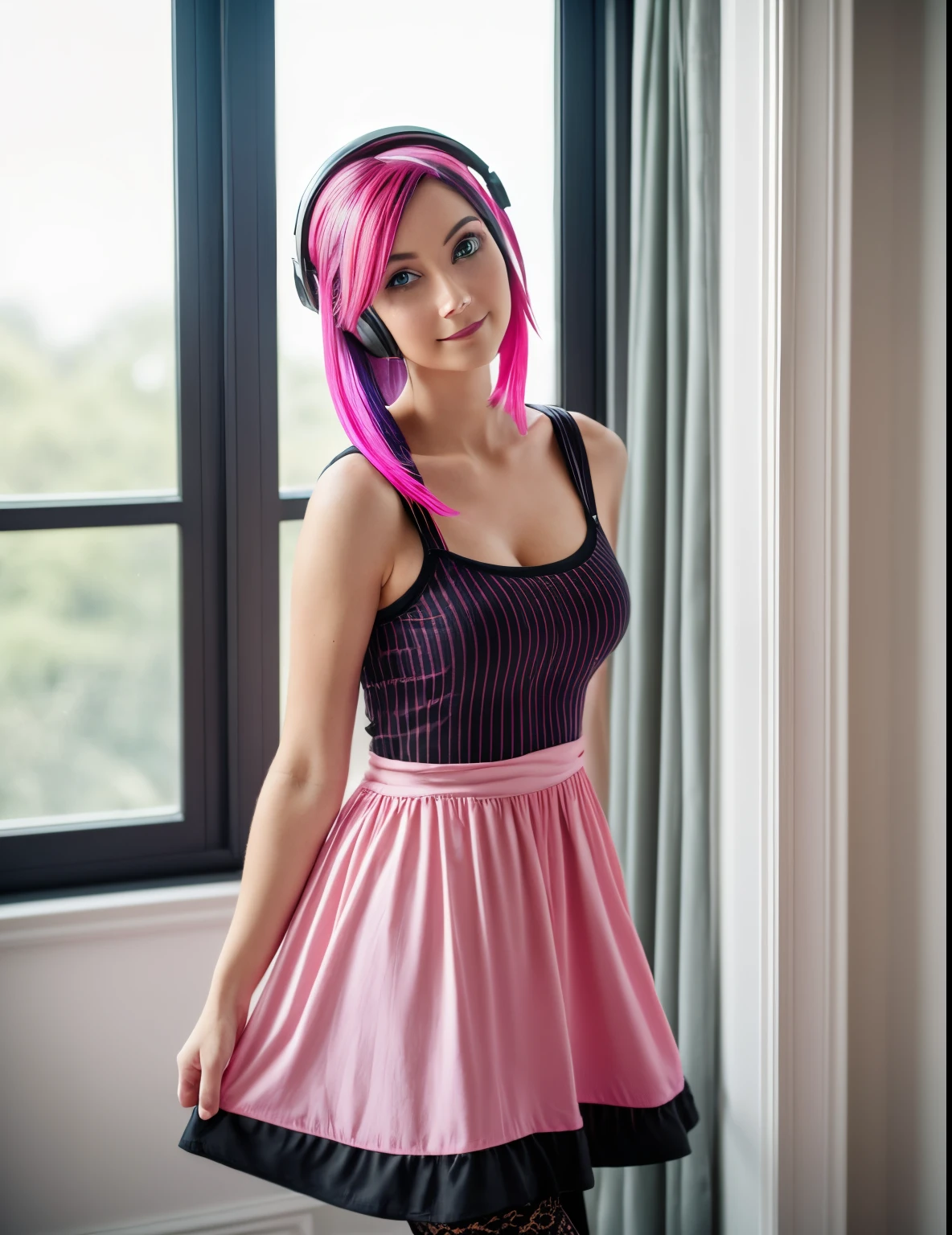 Photo of a woman, dressed in a very emo style and black and pink striped arm warmers and black and pink striped leggings and a goth dress, wearing a gamer headset, (((thin face, vibrant pink hair))), (Highly detailed skin), busty, vibrant pink hair, Hide your mouth with your hands、Ridicule, skin texture, Pale skin, shiny skin, (thin waist, busty, large size:1.2), [:(Sharp focus on rare face, perfect blue eyes:1.2):0.2], photorealistic, film grain, Put one foot forward、from below looking up、look at camera、Emphasize the shoulders, Focus on face、Stockings、Smile with corners of mouth raised、disdainful expression, summer haze, muted colors, muted warm colors, Photo cinematic portrait of a woman dressed in a dress standing by the window in the early morning, (in a pink girly room with a headset, look cautious, standing under a spotlight, volumetric dust clouds, key light, backlight, soft natural lighting, photography Film grain ISO 400 30 mm lens RAW f1.8 aperture, highly detailed (analog photography:1), colors hdr