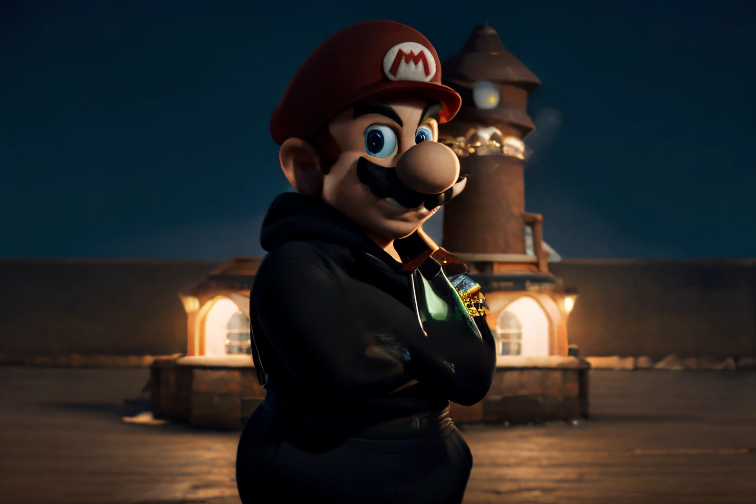 ((Great Quality)), (detailed), 1 guy, Mario character, Gangster outfit, wearing black hoodie, smoking a cigarette, at night