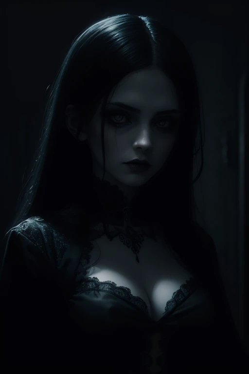 best quality,ultra-detailed,macabre girl,gothic,haunting,expressive face,dark eyes,detailed lips,pale skin,black dress,long black hair,creepy atmosphere,candlelight,dramatic lighting,misty background,dark fantasy,subtle horror,emotionally charged,ethereal,nightmarish,horror portrait,artistically unsettling,contrasting shadows,intense stare,ghostly pale,delicate features,ominous,hauntingly beautiful,surreal,gothic beauty,meticulous details,dark elegance,dark and mysterious,macabre art,HDR,sharp focus,vivid colors