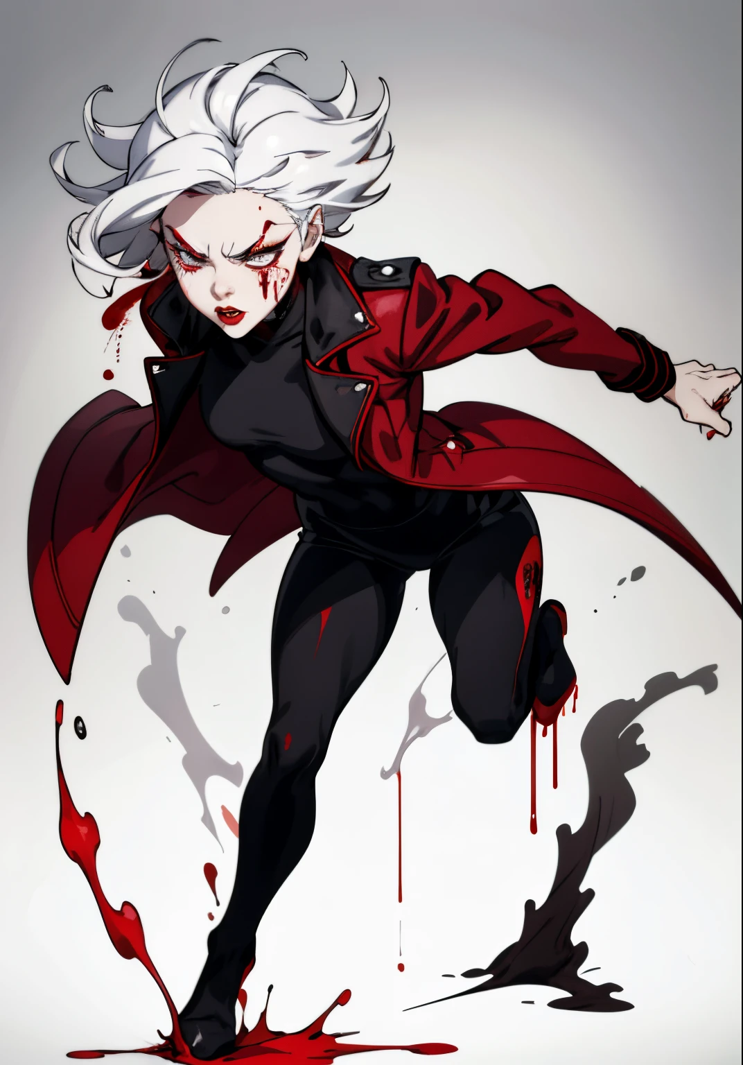 Cute girl, Her hair is short white, sharp eyes, blood running from her nose, beautiful red lips, gloomy face, black jacket.Blood dripping from her nose, full body