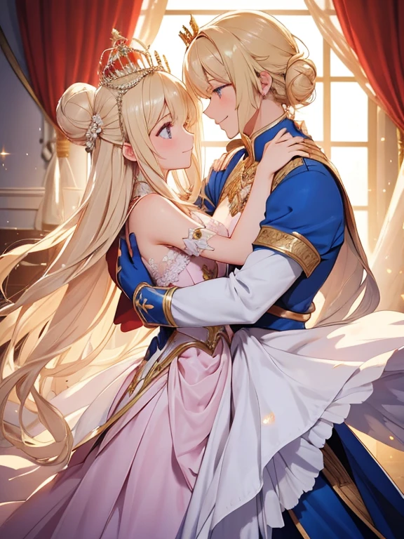 //Character 1girl, my intimate princess, slim and soft, medium large breast, ultra detailed face, innocent, round face, thin eyeblow, sparkly pupils, translucent skin, extra long hair, blonde hair, curly hair, side swept bangs with a bun, BREAK
//Fashion Her outfit is celebration of the anniversary, it connsists pale pink evening dress, gold tiara, full length skirt is fluffy and delicate pattern, chiffon veil, delicate high heel, holding cocktail glass with cherry, BREAK
//LOCATION
at a ballroom, BREAK
// behavior
dancing with a prince , (the prince is noble and smart, wearing blue attire, luxury, crown on his head), hugging passionately, grinning, smiling full of compassion, (close up:1.2)