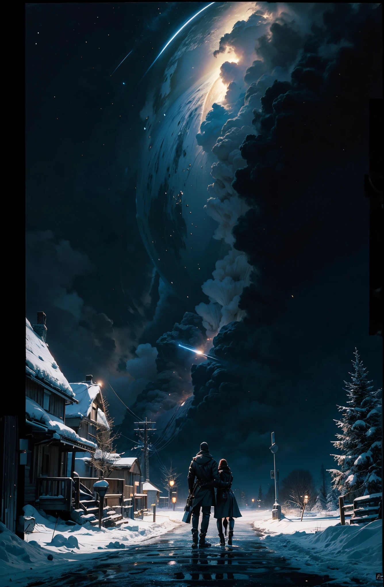 (best quality, masterpiece, Representative work, official art, Professional, unity 8k wallpaper:1.3),Ultra-wide-angle, octane render, Enhance, intricate, 

BREAK, 

magical modern wonderland , very dark winter, luminescent shining snowflakes, heavy snowfall.