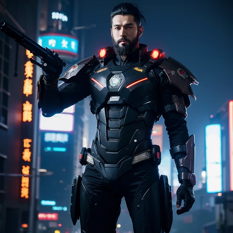 Cyberpunk world,scientific fiction,Male: 28 years old,chineseidol,Wearing a mecha suit,Handsome looking with a bit of beard,CG animation