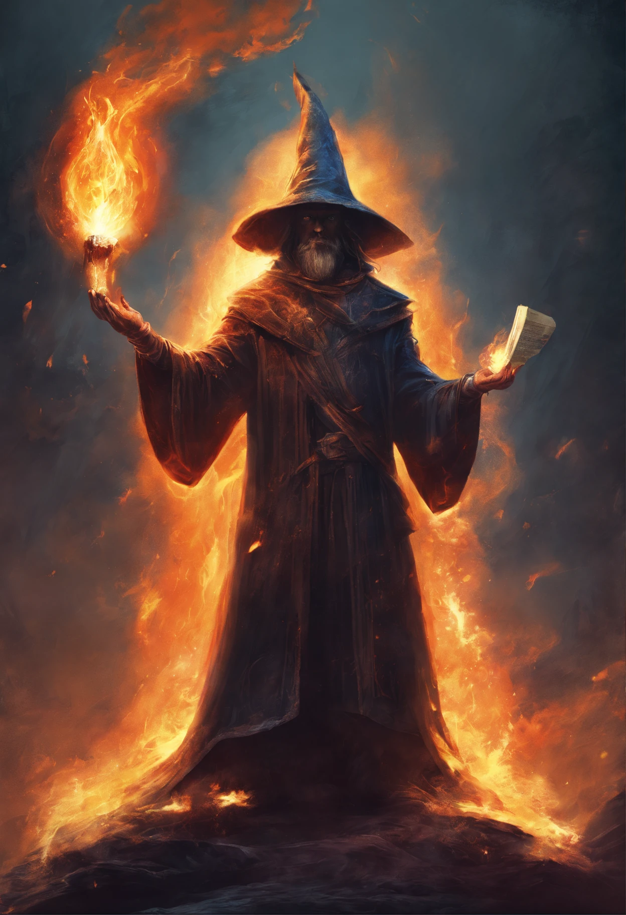 A wizard, with the power of fire , holding a book, dark fantasy style, retro, high quality, high detail, 8k