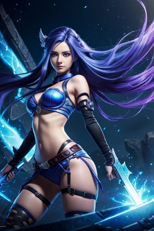 (Jinx,League of Legends heroeest quality, indigo hair, official art, 8k wallpaper, highly detailed, illustration, detailed eyes, pretty jinx with weapon in hand, full body,Wearing a lot of clothes，Holding weapons in hand, emitting blue light, in battle, cool background, blue light, flameest quality),((masterpiece)),(highres), original, extremely detailed 8K wallpaper,(an extremely delicate and beautiful)