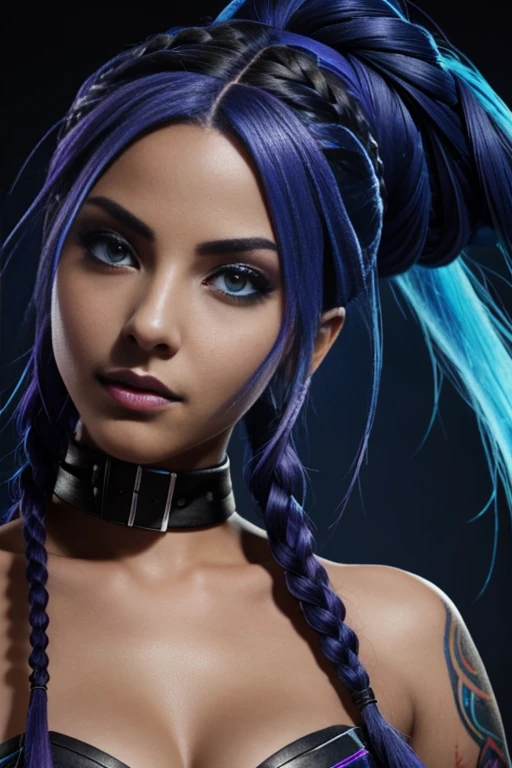 Jinx from League of Legends Close up combat position, braided indigo hair, matte black background, 4K, ultra detailed, 100% faithful to character