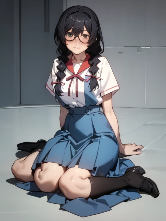 Stema Peace、 (nose blush, Naughty, half opened eye, ), [Full body shot]、Full body shot,body piercings,Large open legs、Head-to-toe shots、hanekawa tsubasa、her black hair is tied into two braids、eye glass、Colossal tits、Wearing white socks、