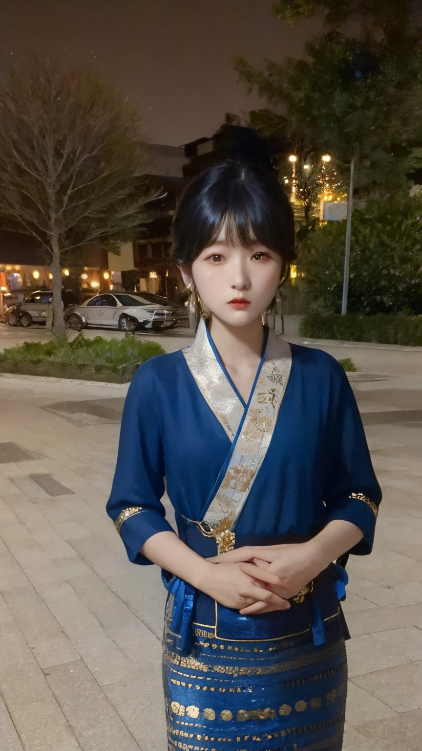 Fide woman in blue dress standing on sidewalk, author li zhang, xintong chen, xue han, pengzhen zhang, Wearing a blue cheongsam, xiaolong wang, Inspired by Zhang Zeduan, yun ling, Inspired by Li Keran, Chinese woman, song nan li, wenfei ye, qiu fang